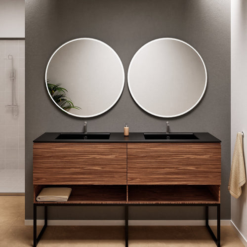 Aurora – Double Corian® Basin Unit with 2 Aligned Drawers, Bottom Shelves, and Feet-Standing Vanity - ROVALUX