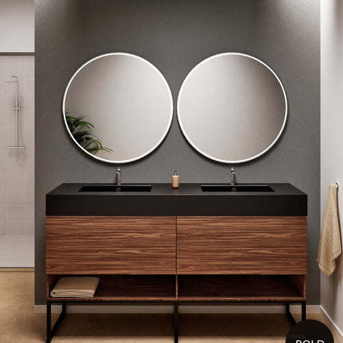 Aurora – Double Corian® Basin Unit with 2 Aligned Drawers, Bottom Shelves, and Feet-Standing Vanity - ROVALUX