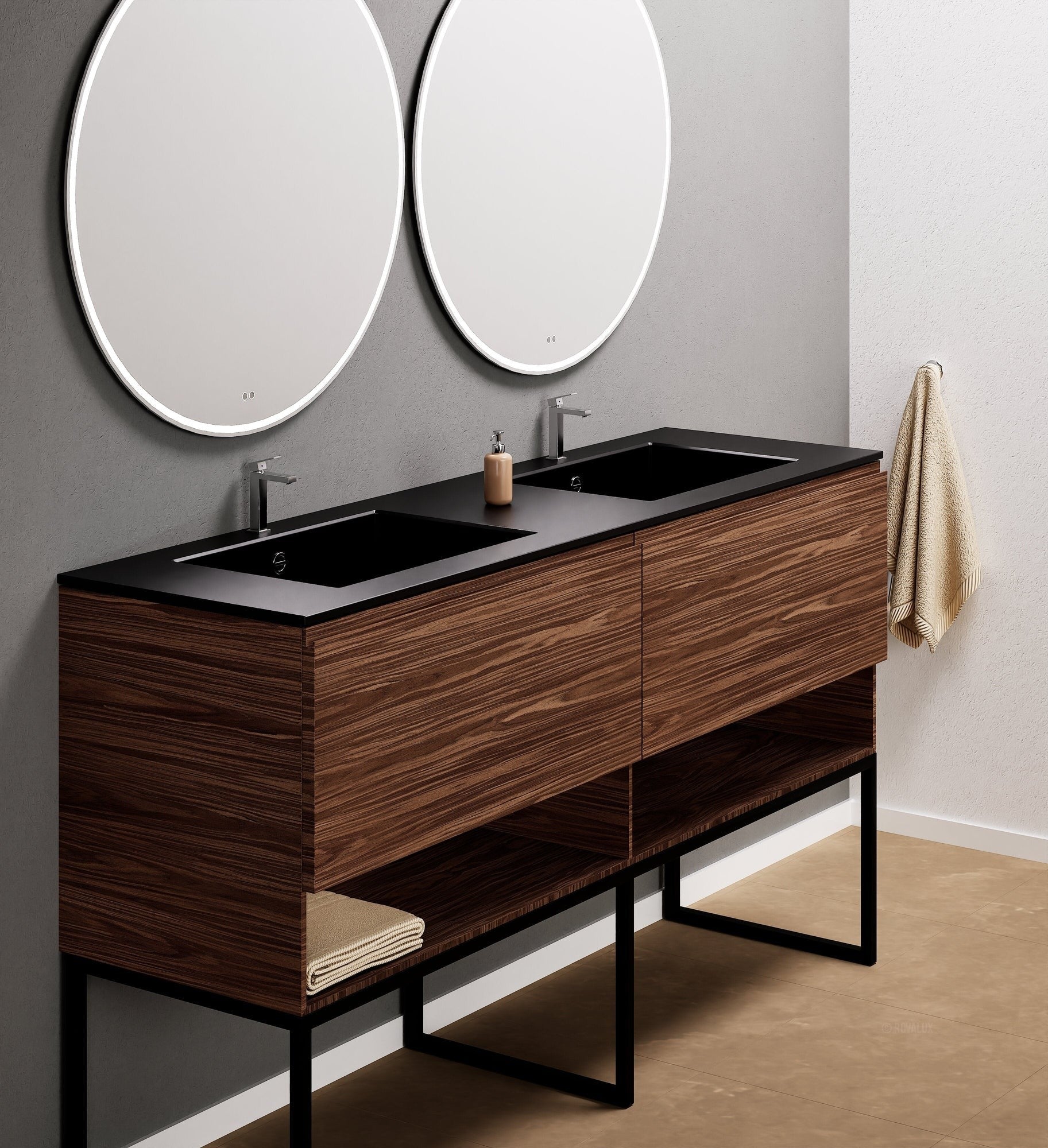 Aurora – Double Corian® Basin Unit with 2 Aligned Drawers, Bottom Shelves, and Feet-Standing Vanity - ROVALUX