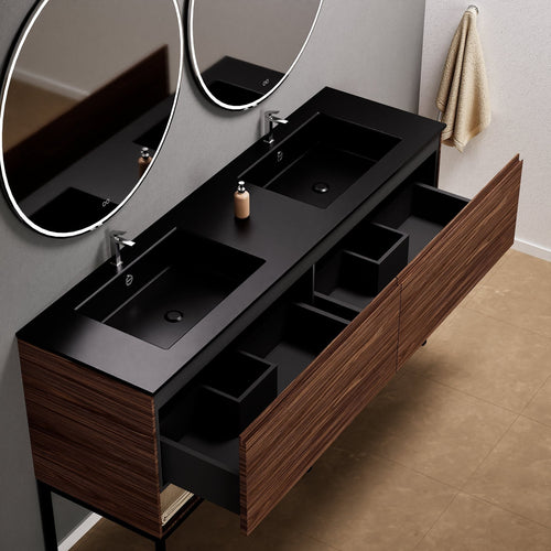 Aurora – Double Corian® Basin Unit with 2 Aligned Drawers, Bottom Shelves, and Feet-Standing Vanity - ROVALUX