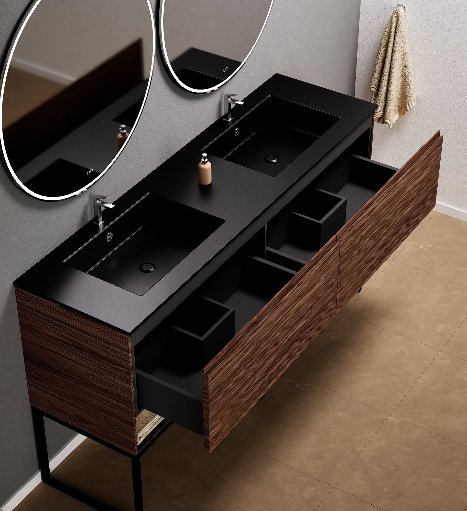 Aurora – Double Corian® Basin Unit with 2 Aligned Drawers, Bottom Shelves, and Feet-Standing Vanity - ROVALUX