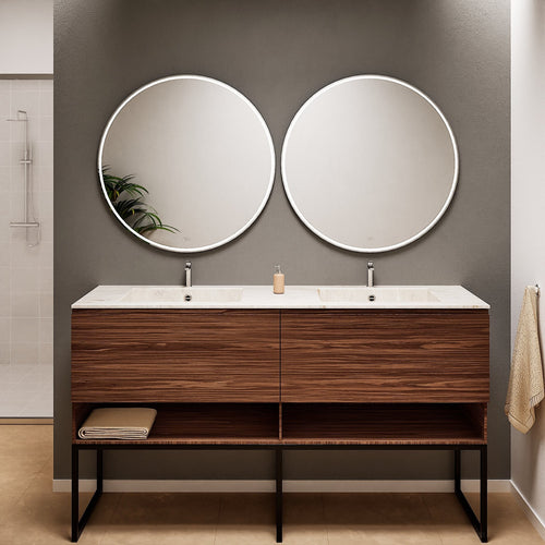 Aurora – Double Corian® Basin Unit with 2 Aligned Drawers, Bottom Shelves, and Feet-Standing Vanity - ROVALUX