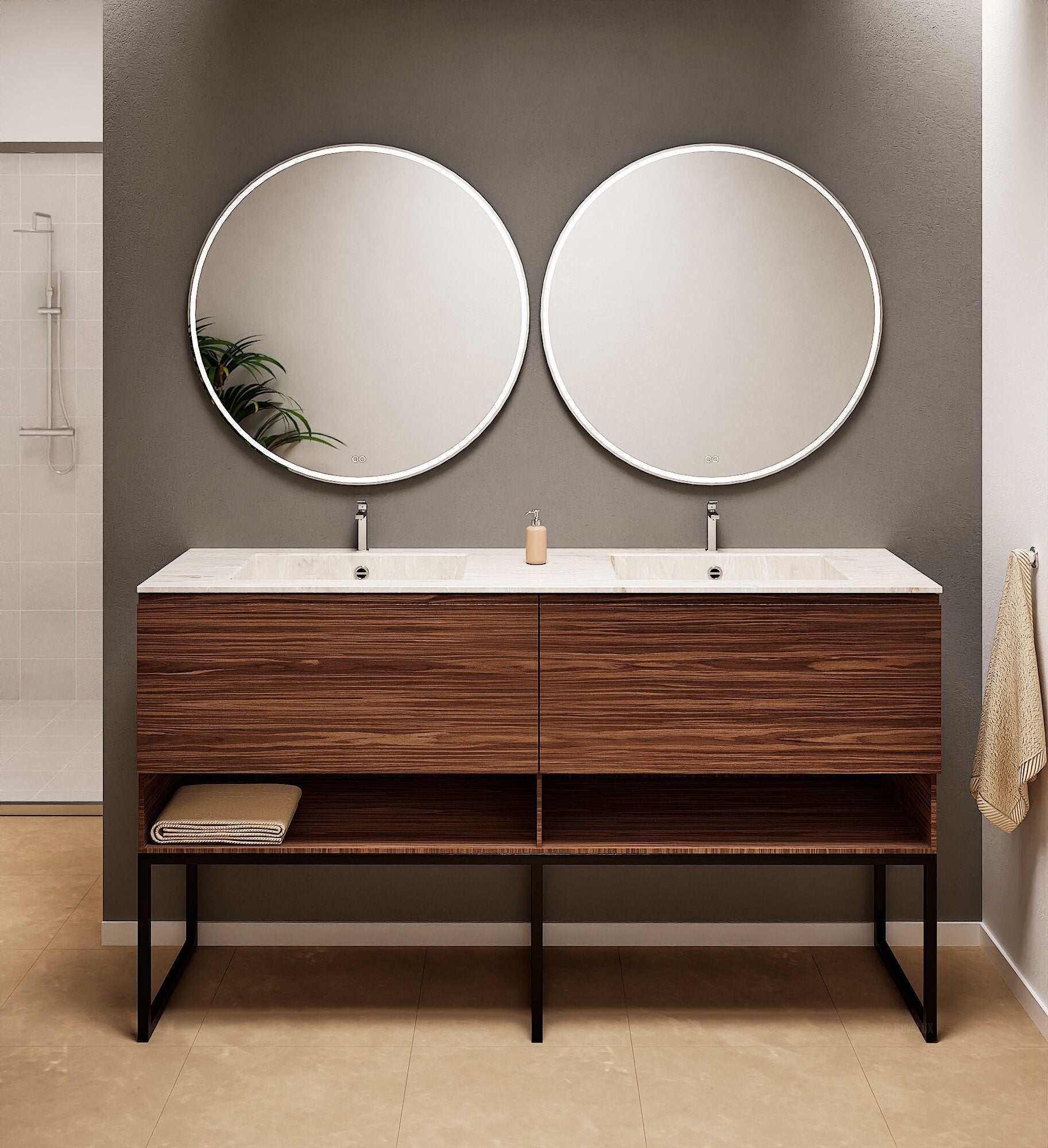 Aurora – Double Corian® Basin Unit with 2 Aligned Drawers, Bottom Shelves, and Feet-Standing Vanity - ROVALUX