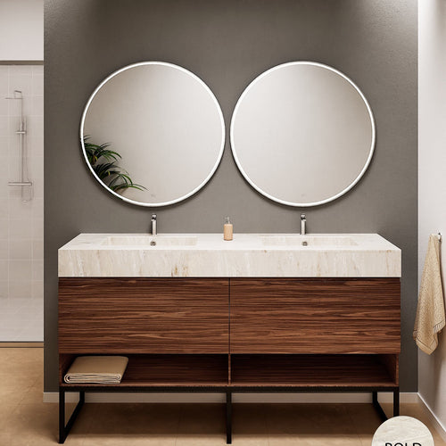 Aurora – Double Corian® Basin Unit with 2 Aligned Drawers, Bottom Shelves, and Feet-Standing Vanity - ROVALUX