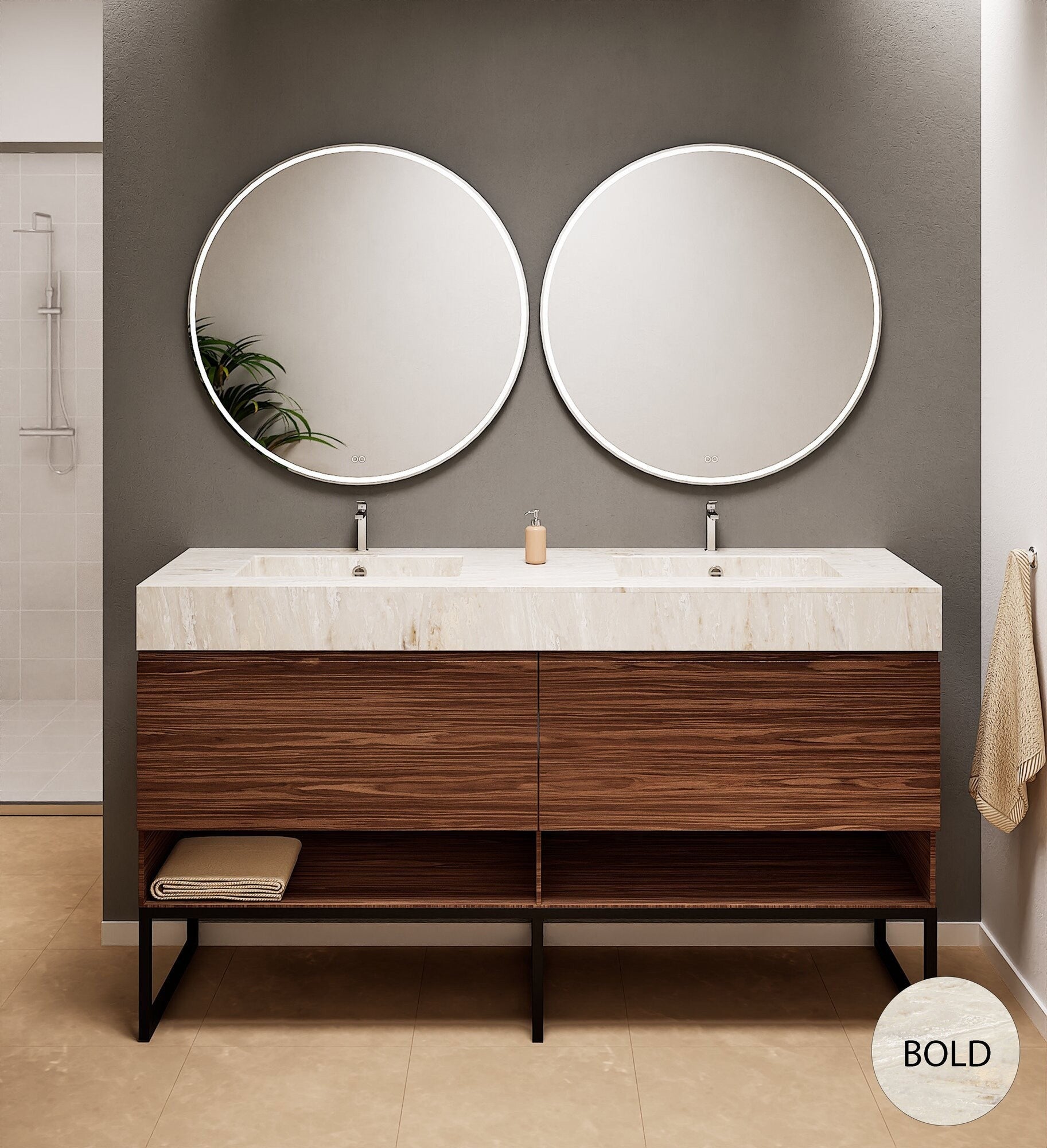 Aurora – Double Corian® Basin Unit with 2 Aligned Drawers, Bottom Shelves, and Feet-Standing Vanity - ROVALUX