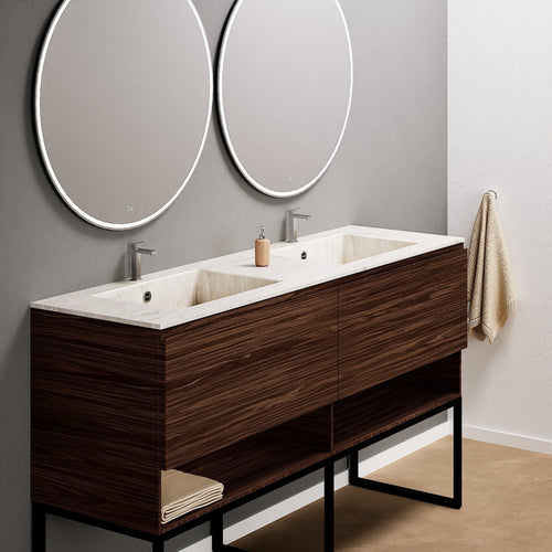 Aurora – Double Corian® Basin Unit with 2 Aligned Drawers, Bottom Shelves, and Feet-Standing Vanity - ROVALUX