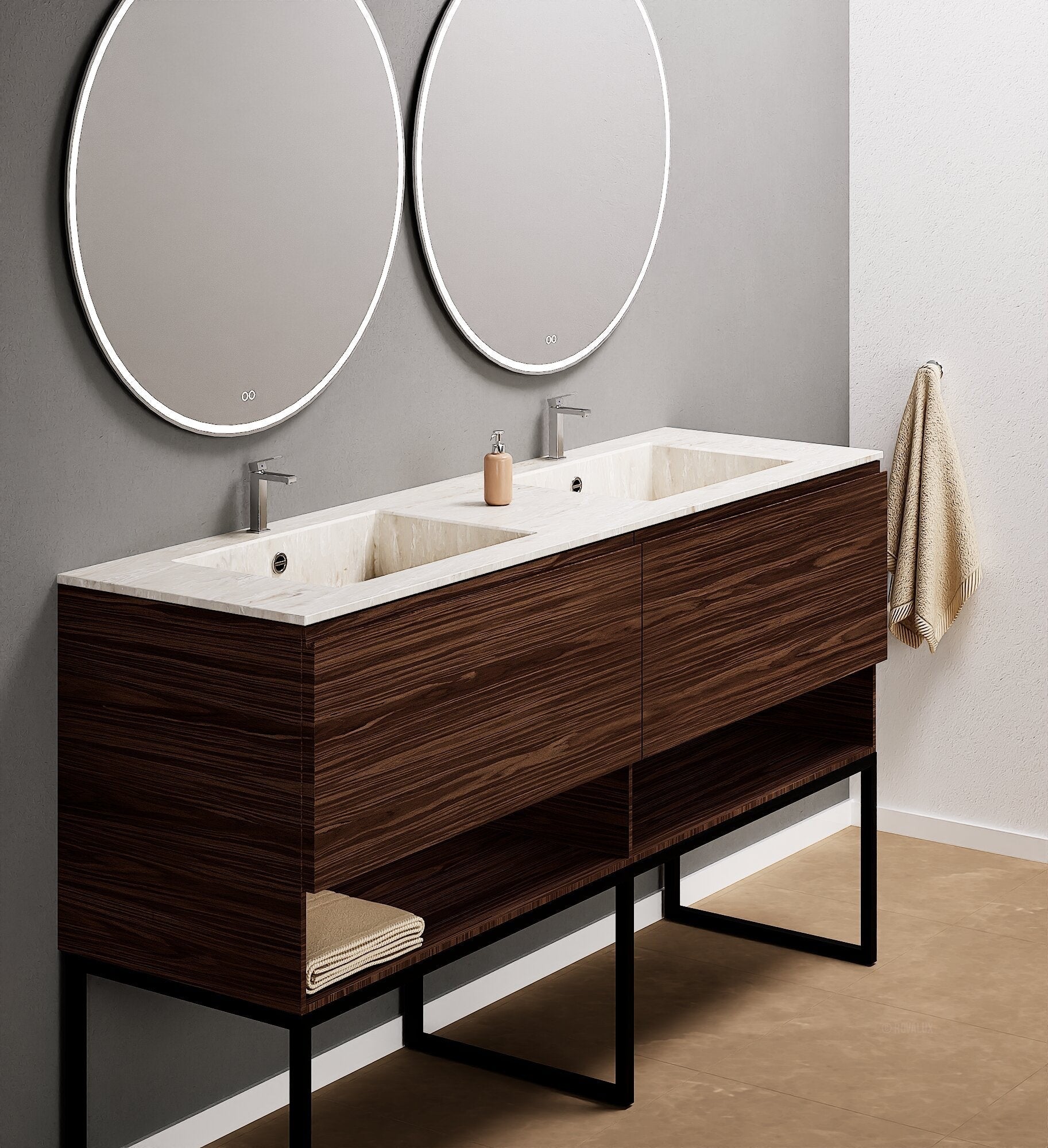 Aurora – Double Corian® Basin Unit with 2 Aligned Drawers, Bottom Shelves, and Feet-Standing Vanity - ROVALUX