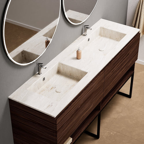 Aurora – Double Corian® Basin Unit with 2 Aligned Drawers, Bottom Shelves, and Feet-Standing Vanity - ROVALUX