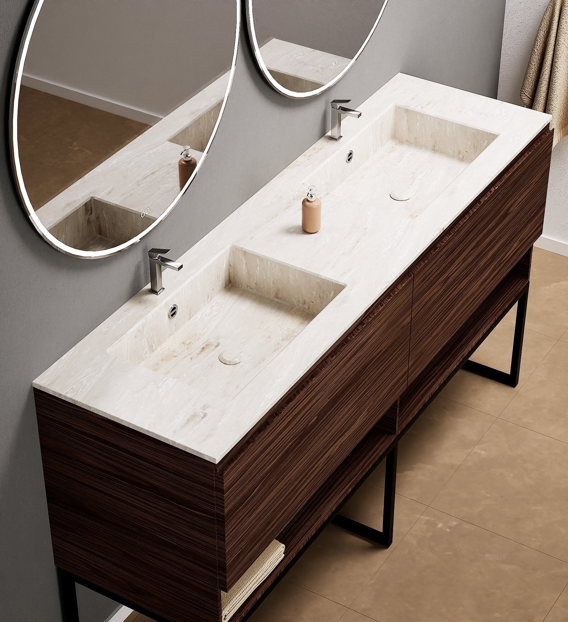 Aurora – Double Corian® Basin Unit with 2 Aligned Drawers, Bottom Shelves, and Feet-Standing Vanity - ROVALUX