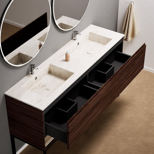 Aurora – Double Corian® Basin Unit with 2 Aligned Drawers, Bottom Shelves, and Feet-Standing Vanity - ROVALUX