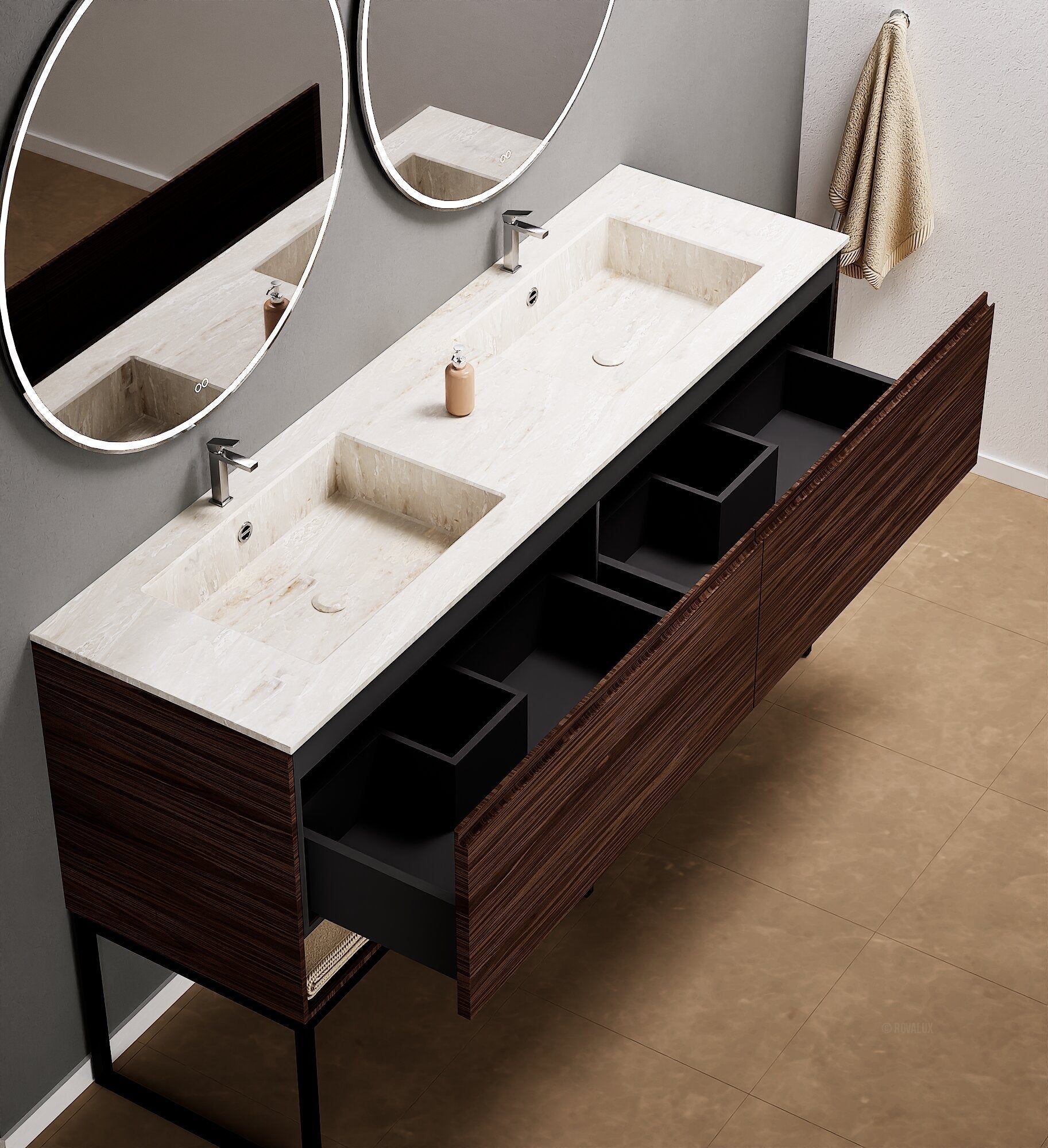 Aurora – Double Corian® Basin Unit with 2 Aligned Drawers, Bottom Shelves, and Feet-Standing Vanity - ROVALUX