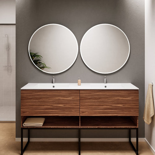 Aurora – Double Corian® Basin Unit with 2 Aligned Drawers, Bottom Shelves, and Feet-Standing Vanity - ROVALUX