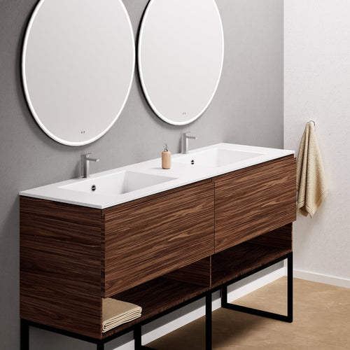 Aurora – Double Corian® Basin Unit with 2 Aligned Drawers, Bottom Shelves, and Feet-Standing Vanity - ROVALUX