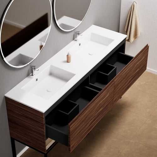 Aurora – Double Corian® Basin Unit with 2 Aligned Drawers, Bottom Shelves, and Feet-Standing Vanity - ROVALUX