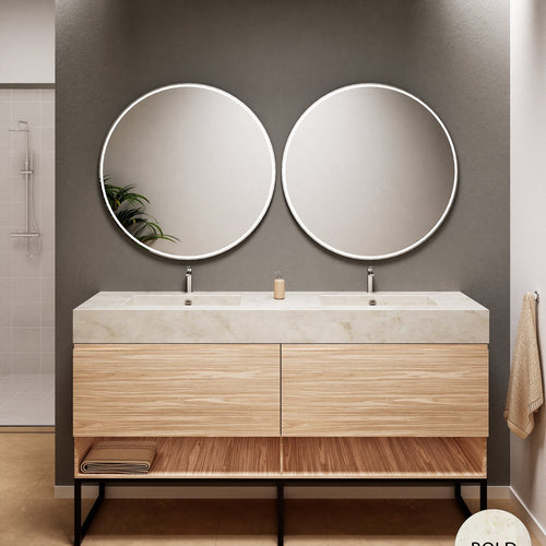 Aurora – Double Corian® Basin Unit with 2 Aligned Drawers, Bottom Shelves, and Feet-Standing Vanity - ROVALUX
