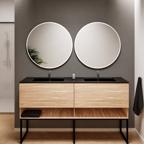 Aurora – Double Corian® Basin Unit with 2 Aligned Drawers, Bottom Shelves, and Feet-Standing Vanity - ROVALUX