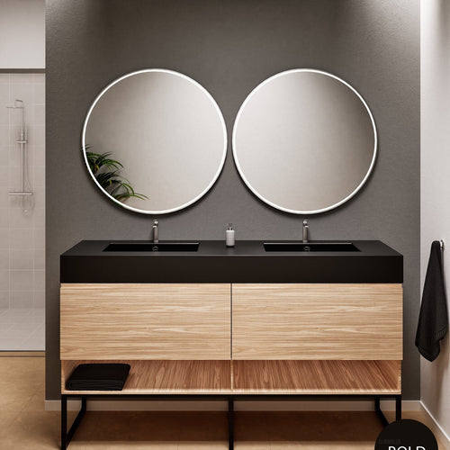 Aurora – Double Corian® Basin Unit with 2 Aligned Drawers, Bottom Shelves, and Feet-Standing Vanity - ROVALUX