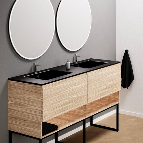 Aurora – Double Corian® Basin Unit with 2 Aligned Drawers, Bottom Shelves, and Feet-Standing Vanity - ROVALUX