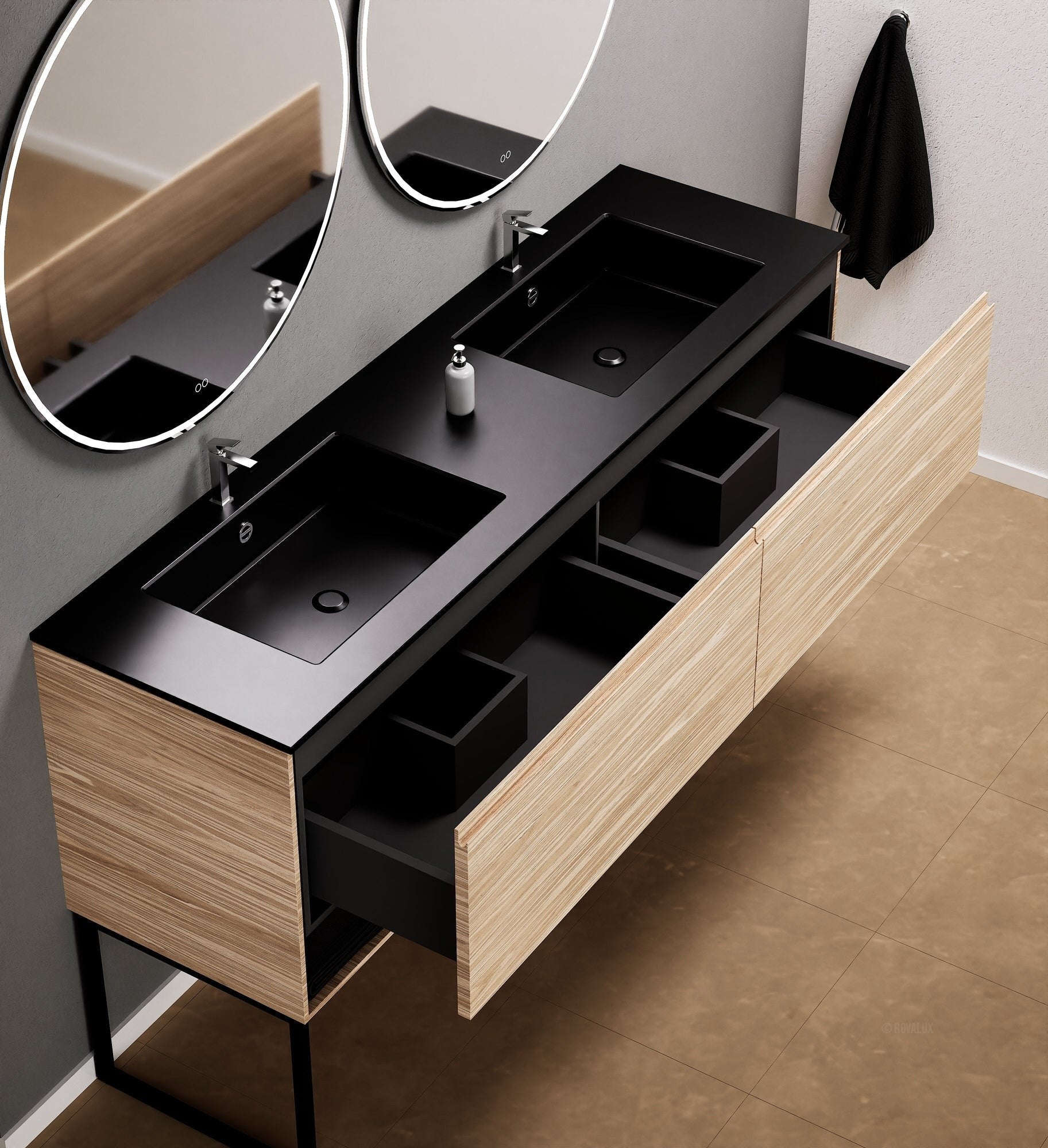 Aurora – Double Corian® Basin Unit with 2 Aligned Drawers, Bottom Shelves, and Feet-Standing Vanity - ROVALUX