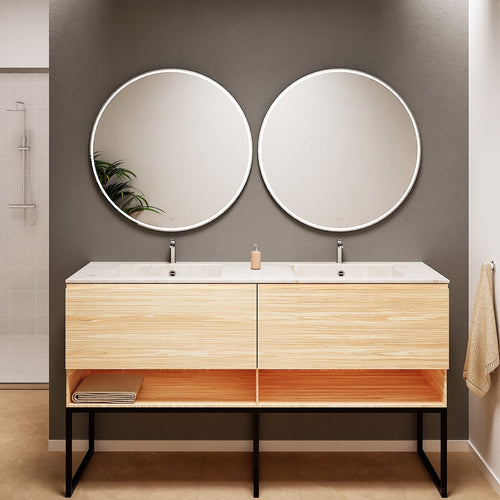 Aurora – Double Corian® Basin Unit with 2 Aligned Drawers, Bottom Shelves, and Feet-Standing Vanity - ROVALUX