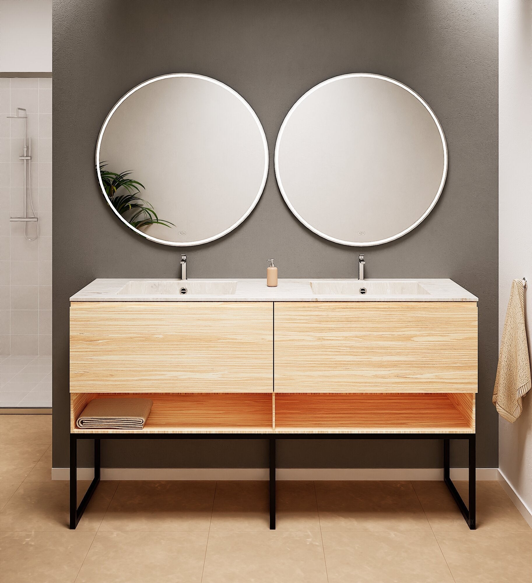 Aurora – Double Corian® Basin Unit with 2 Aligned Drawers, Bottom Shelves, and Feet-Standing Vanity - ROVALUX