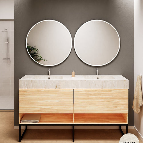 Aurora – Double Corian® Basin Unit with 2 Aligned Drawers, Bottom Shelves, and Feet-Standing Vanity - ROVALUX