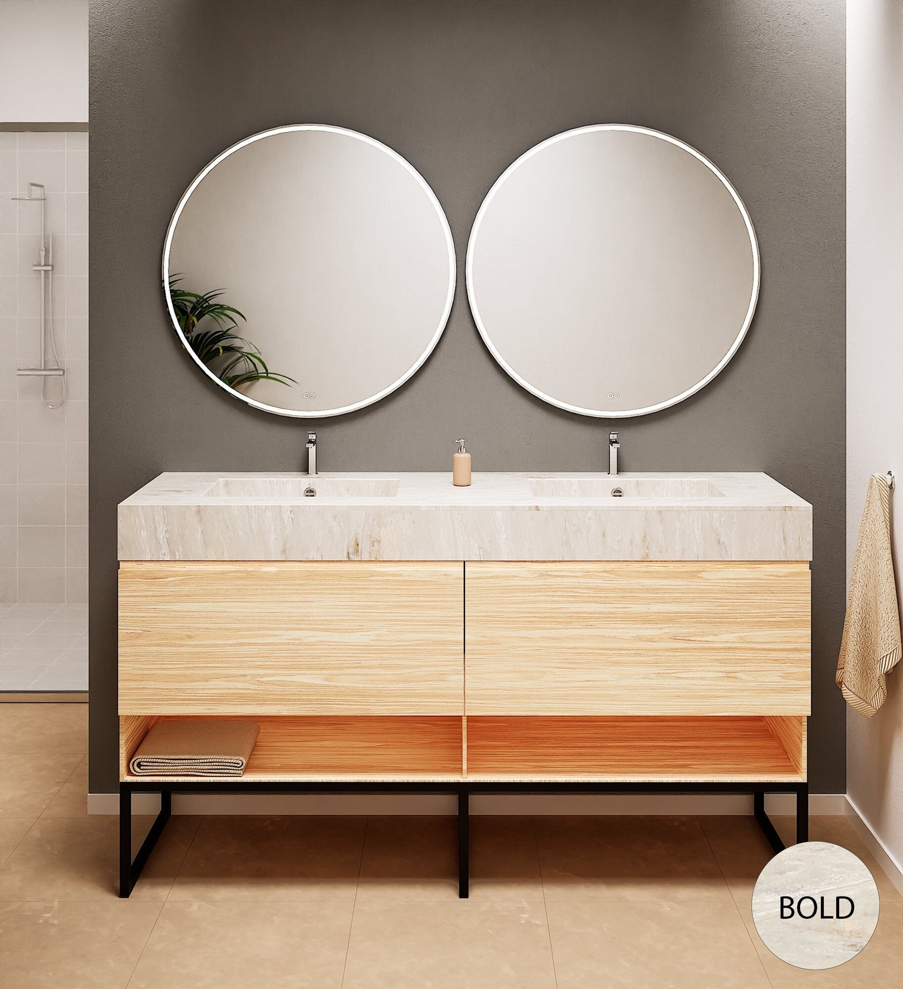 Aurora – Double Corian® Basin Unit with 2 Aligned Drawers, Bottom Shelves, and Feet-Standing Vanity - ROVALUX