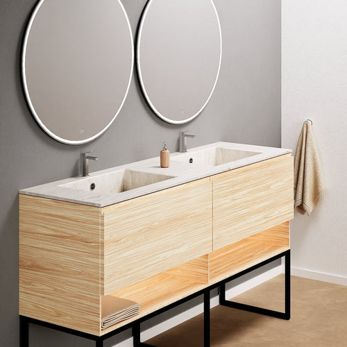 Aurora – Double Corian® Basin Unit with 2 Aligned Drawers, Bottom Shelves, and Feet-Standing Vanity - ROVALUX