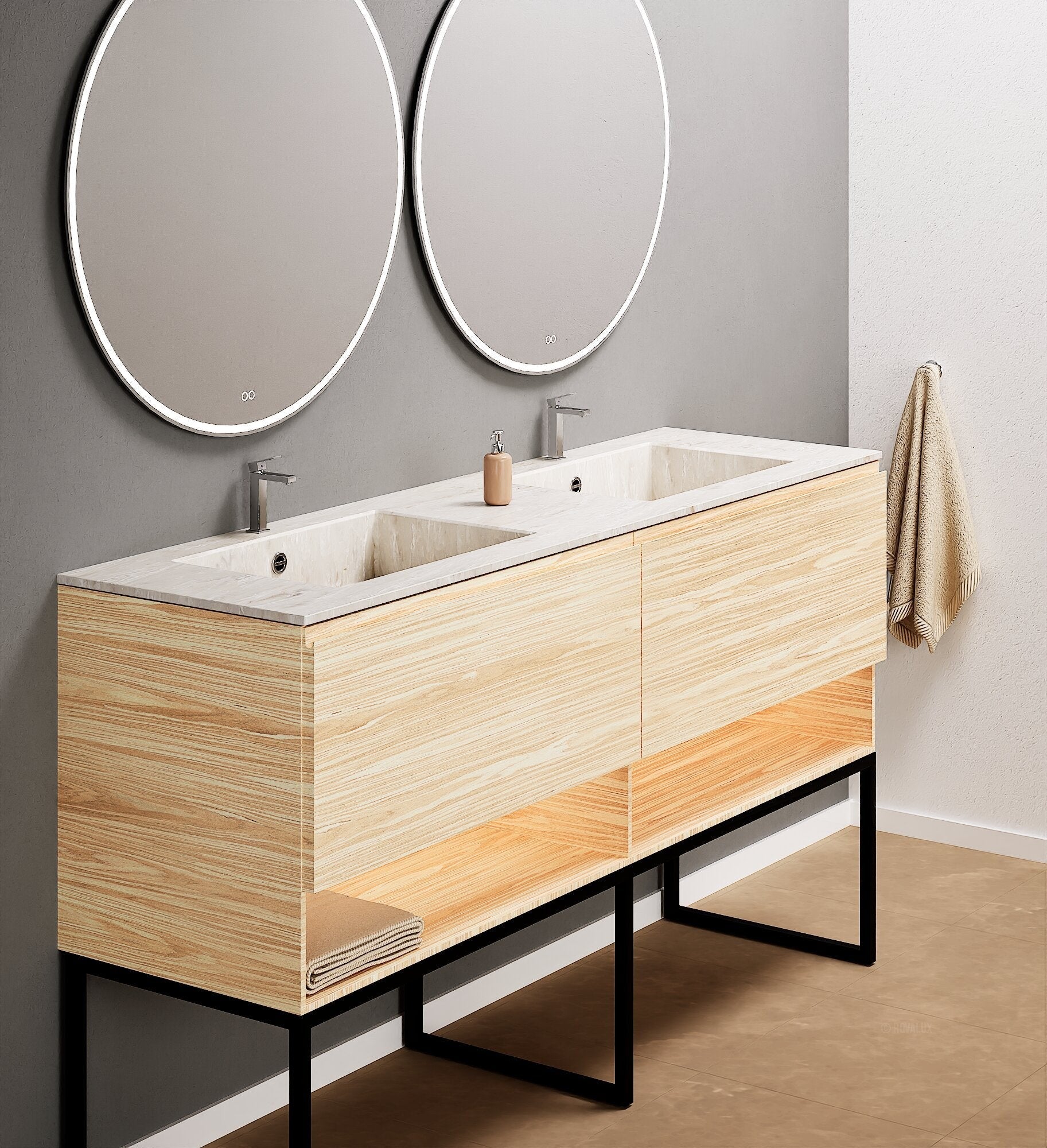 Aurora – Double Corian® Basin Unit with 2 Aligned Drawers, Bottom Shelves, and Feet-Standing Vanity - ROVALUX