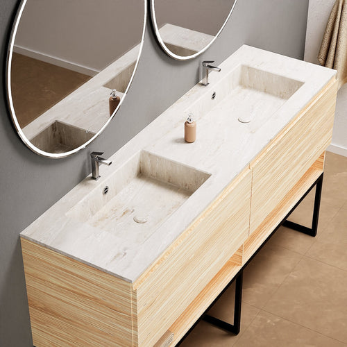 Aurora – Double Corian® Basin Unit with 2 Aligned Drawers, Bottom Shelves, and Feet-Standing Vanity - ROVALUX