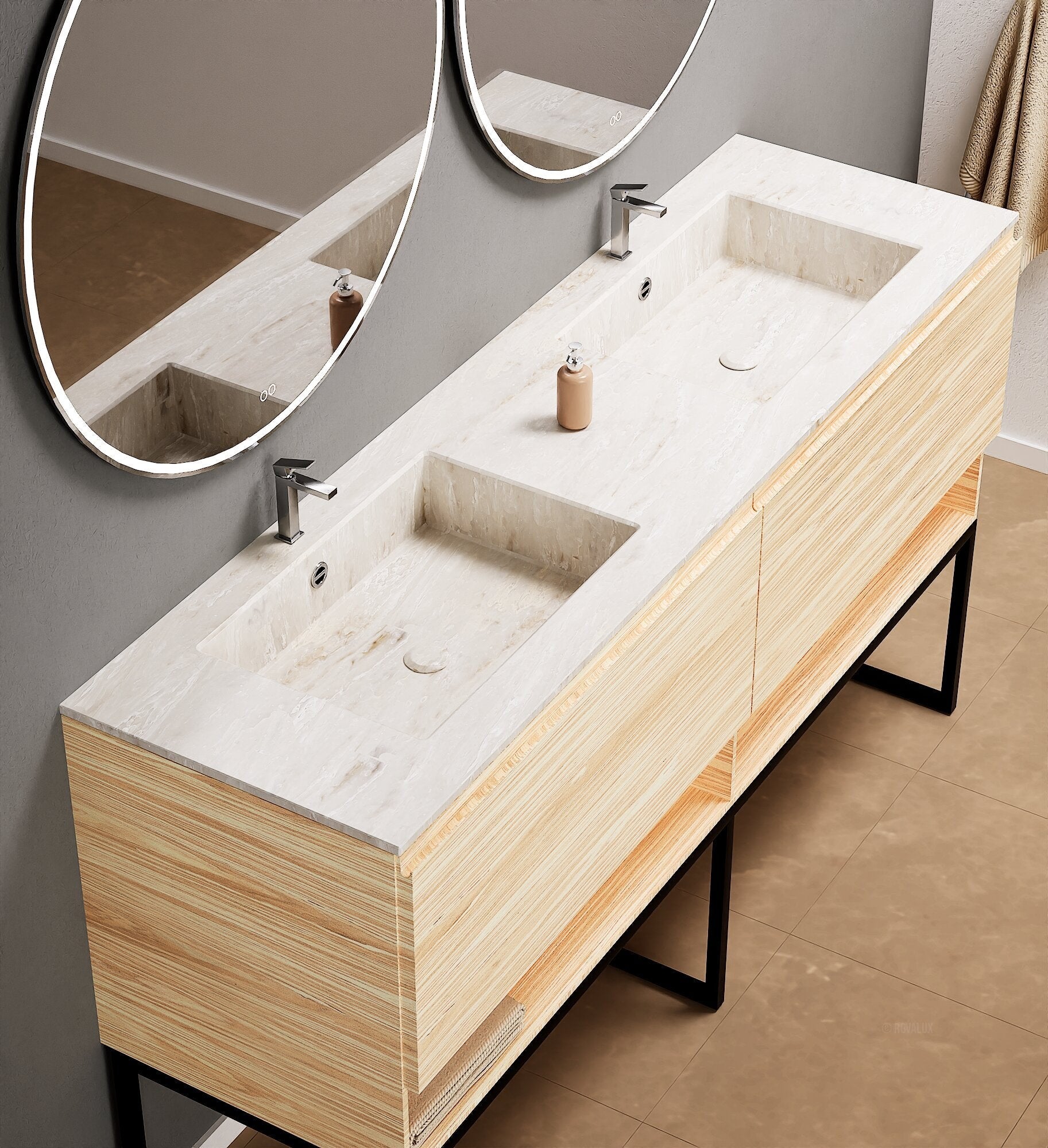 Aurora – Double Corian® Basin Unit with 2 Aligned Drawers, Bottom Shelves, and Feet-Standing Vanity - ROVALUX