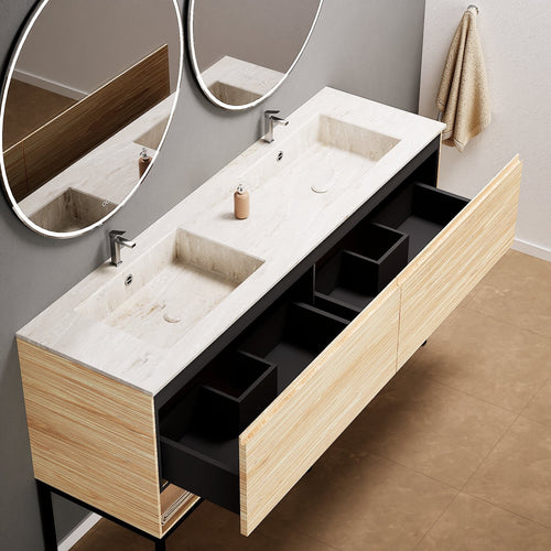 Aurora – Double Corian® Basin Unit with 2 Aligned Drawers, Bottom Shelves, and Feet-Standing Vanity - ROVALUX