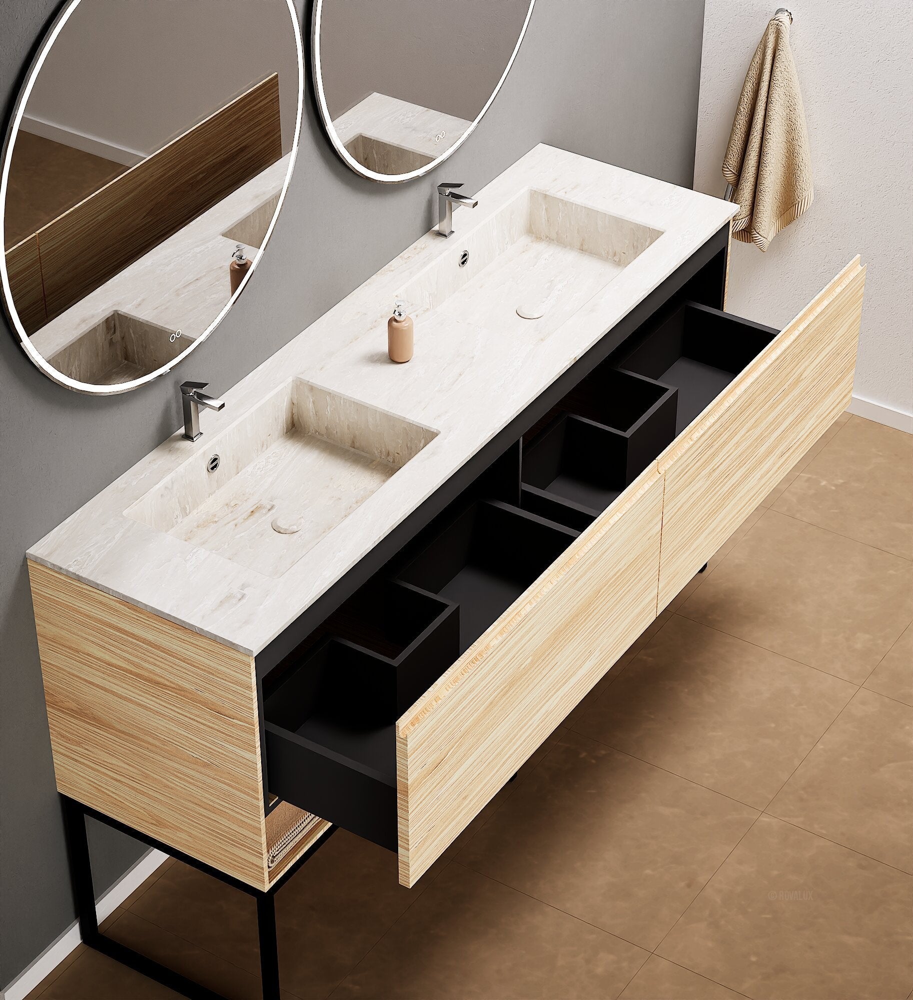 Aurora – Double Corian® Basin Unit with 2 Aligned Drawers, Bottom Shelves, and Feet-Standing Vanity - ROVALUX
