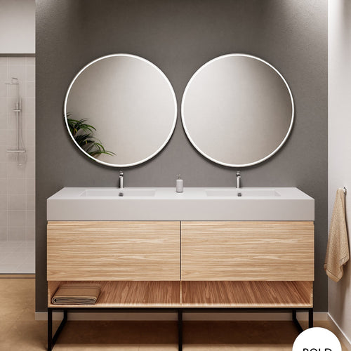 Aurora – Double Corian® Basin Unit with 2 Aligned Drawers, Bottom Shelves, and Feet-Standing Vanity - ROVALUX