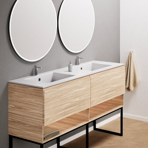 Aurora – Double Corian® Basin Unit with 2 Aligned Drawers, Bottom Shelves, and Feet-Standing Vanity - ROVALUX