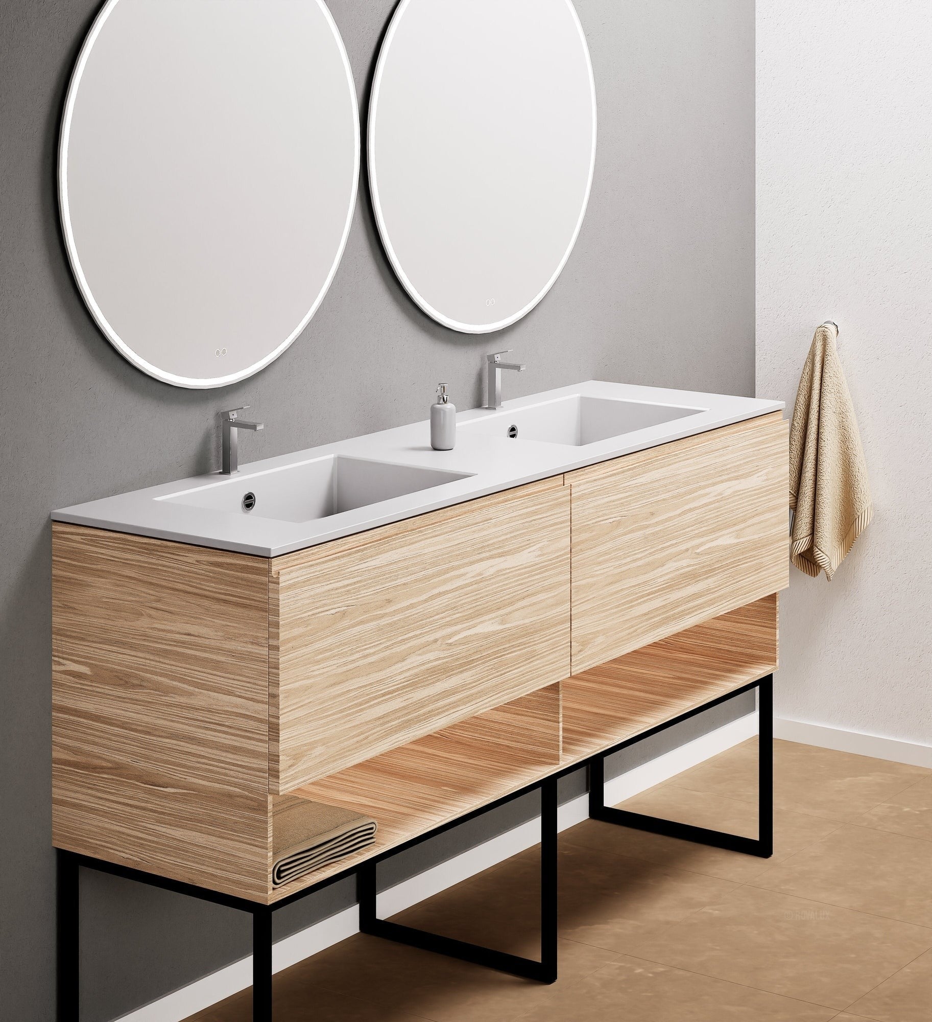 Aurora – Double Corian® Basin Unit with 2 Aligned Drawers, Bottom Shelves, and Feet-Standing Vanity - ROVALUX