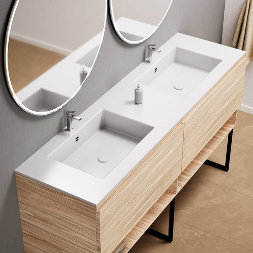 Aurora – Double Corian® Basin Unit with 2 Aligned Drawers, Bottom Shelves, and Feet-Standing Vanity - ROVALUX