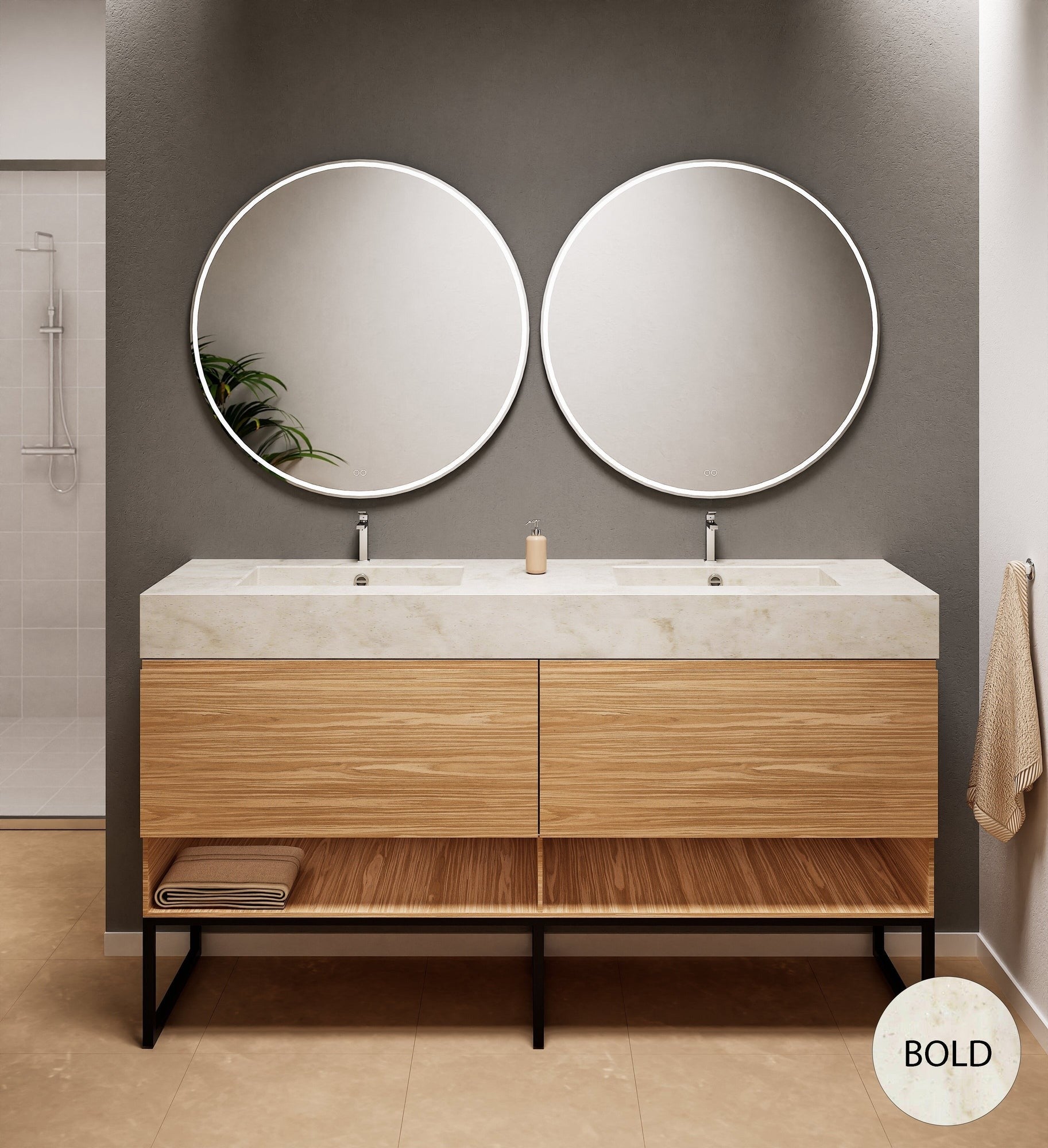 Aurora – Double Corian® Basin Unit with 2 Aligned Drawers, Bottom Shelves, and Feet-Standing Vanity - ROVALUX