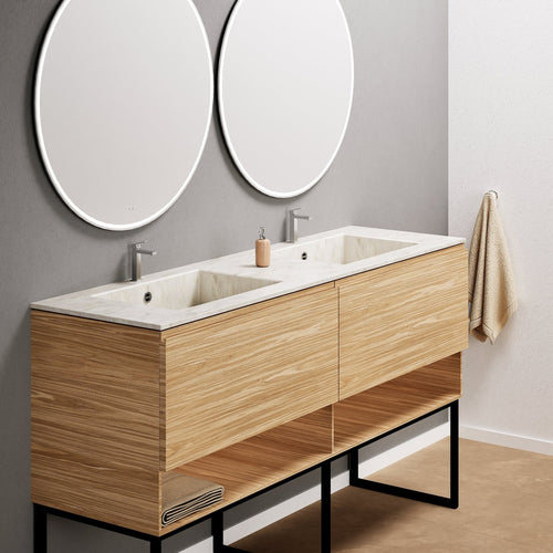 Aurora – Double Corian® Basin Unit with 2 Aligned Drawers, Bottom Shelves, and Feet-Standing Vanity - ROVALUX