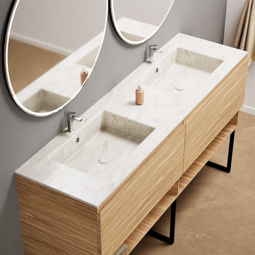 Aurora – Double Corian® Basin Unit with 2 Aligned Drawers, Bottom Shelves, and Feet-Standing Vanity - ROVALUX