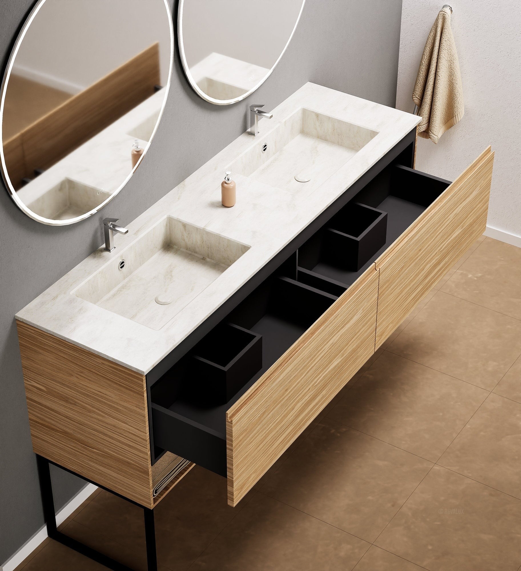 Aurora – Double Corian® Basin Unit with 2 Aligned Drawers, Bottom Shelves, and Feet-Standing Vanity - ROVALUX