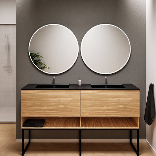 Aurora – Double Corian® Basin Unit with 2 Aligned Drawers, Bottom Shelves, and Feet-Standing Vanity - ROVALUX