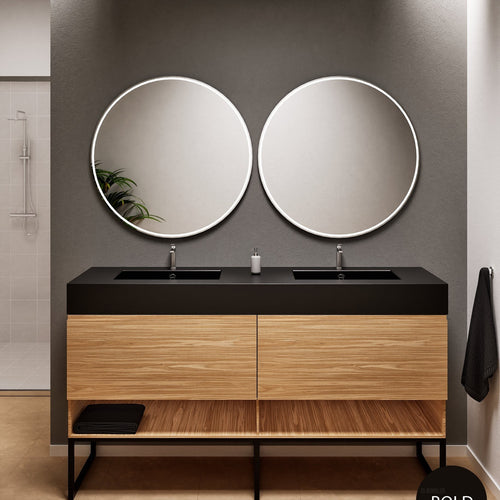 Aurora – Double Corian® Basin Unit with 2 Aligned Drawers, Bottom Shelves, and Feet-Standing Vanity - ROVALUX