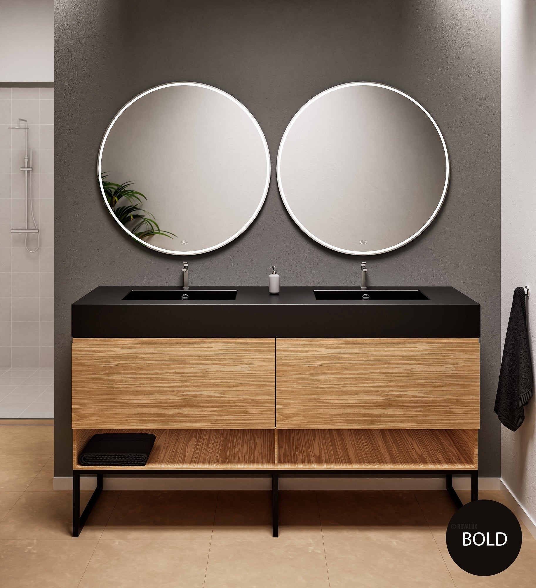 Aurora – Double Corian® Basin Unit with 2 Aligned Drawers, Bottom Shelves, and Feet-Standing Vanity - ROVALUX