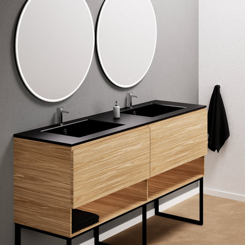 Aurora – Double Corian® Basin Unit with 2 Aligned Drawers, Bottom Shelves, and Feet-Standing Vanity - ROVALUX