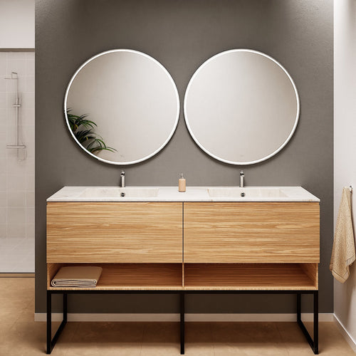 Aurora – Double Corian® Basin Unit with 2 Aligned Drawers, Bottom Shelves, and Feet-Standing Vanity - ROVALUX