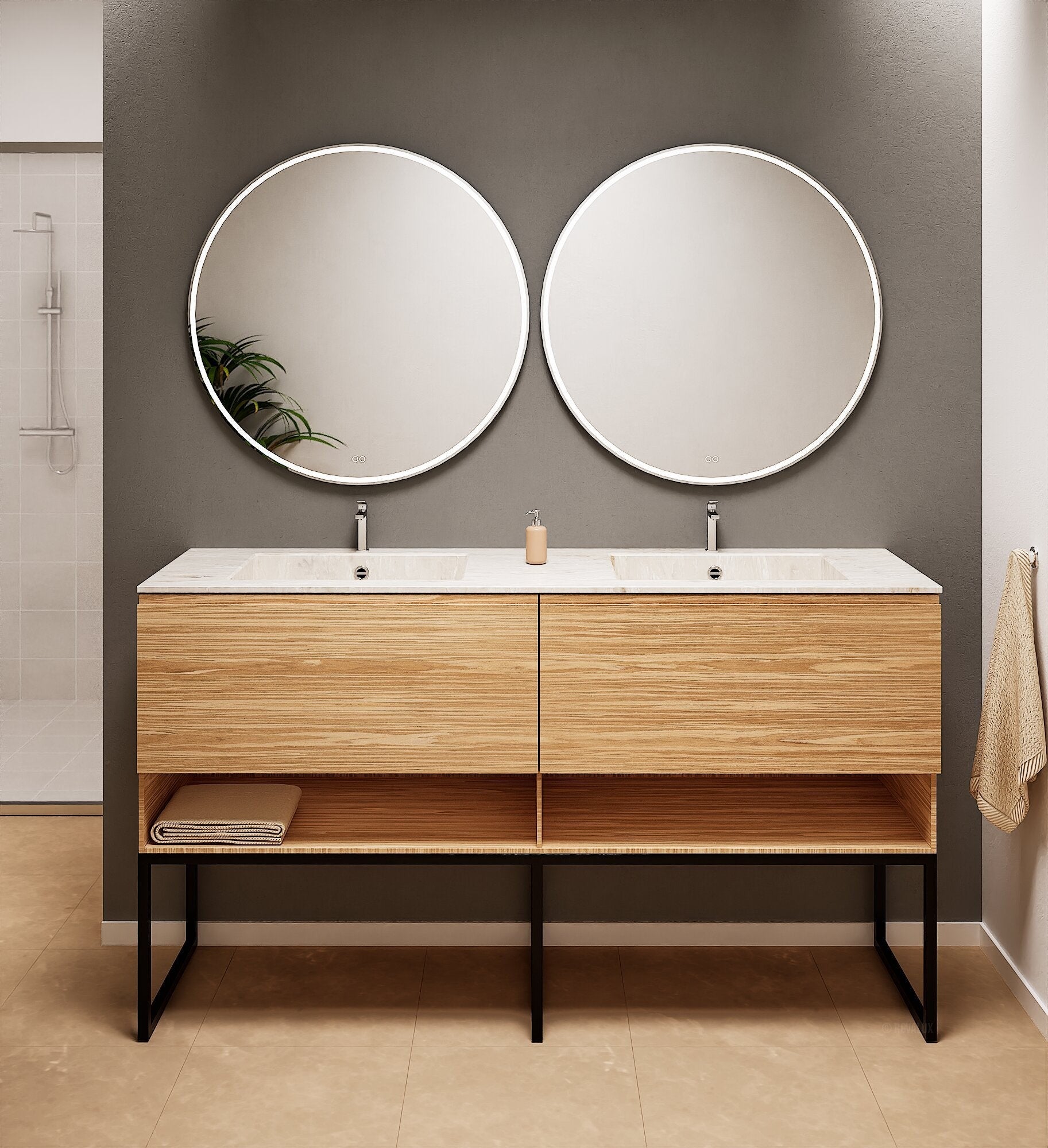 Aurora – Double Corian® Basin Unit with 2 Aligned Drawers, Bottom Shelves, and Feet-Standing Vanity - ROVALUX
