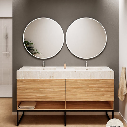 Aurora – Double Corian® Basin Unit with 2 Aligned Drawers, Bottom Shelves, and Feet-Standing Vanity - ROVALUX
