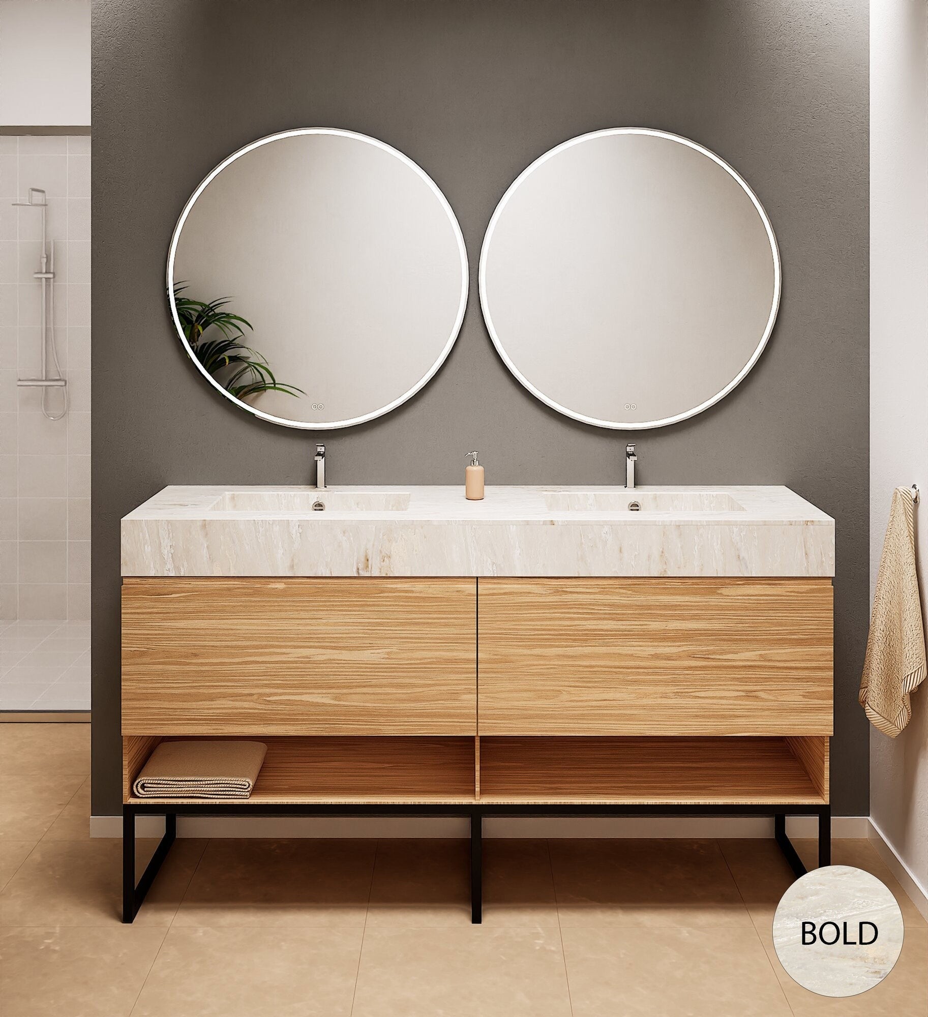 Aurora – Double Corian® Basin Unit with 2 Aligned Drawers, Bottom Shelves, and Feet-Standing Vanity - ROVALUX