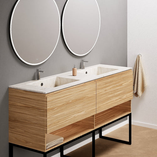 Aurora – Double Corian® Basin Unit with 2 Aligned Drawers, Bottom Shelves, and Feet-Standing Vanity - ROVALUX